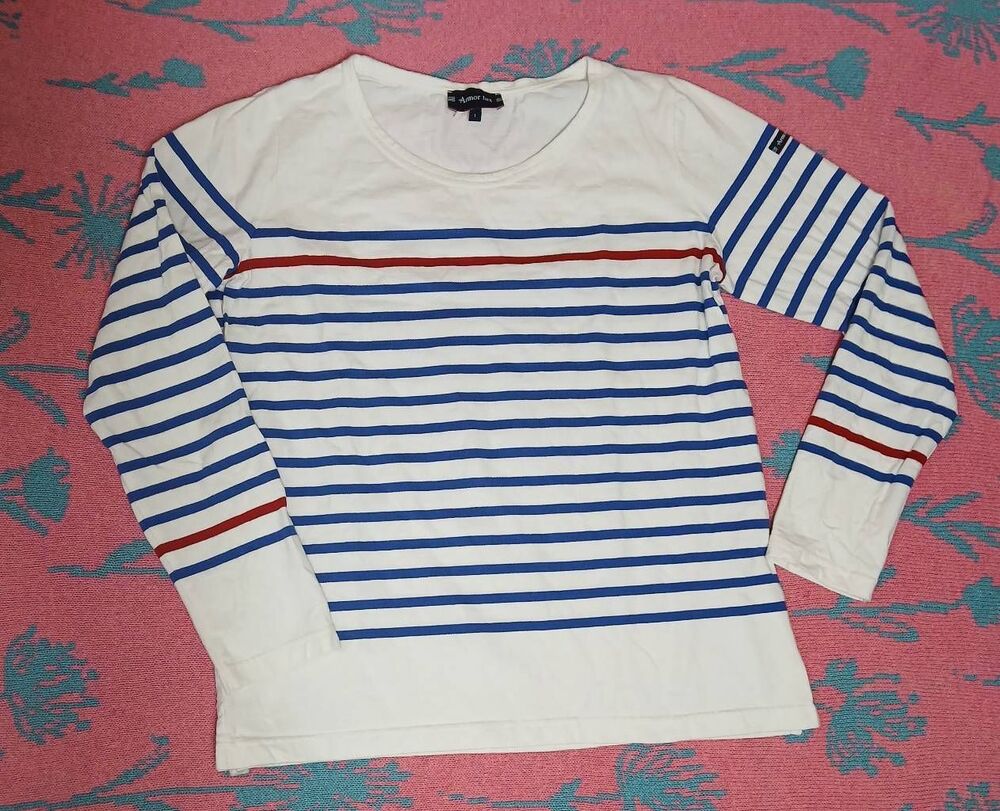 Armor lux womens small blue white stripe tshirt top longsleeve